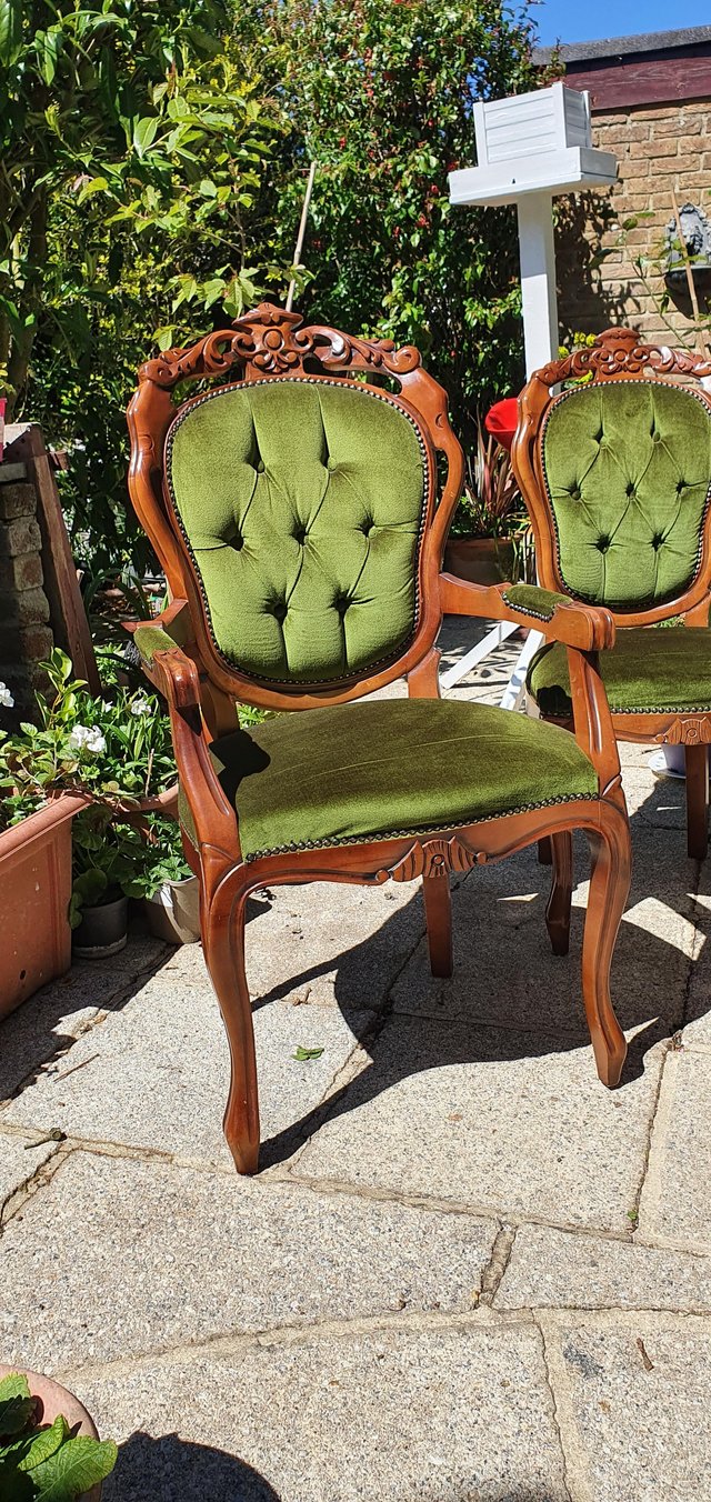 Image 4 of 6 Vintage Italian Carved & Green Velvet Dining Chairs
