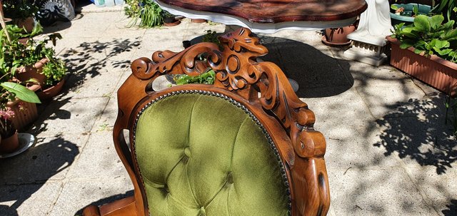 Image 5 of 6 Vintage Italian Carved & Green Velvet Dining Chairs