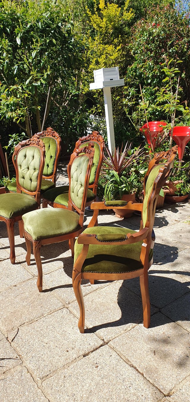 Image 6 of 6 Vintage Italian Carved & Green Velvet Dining Chairs