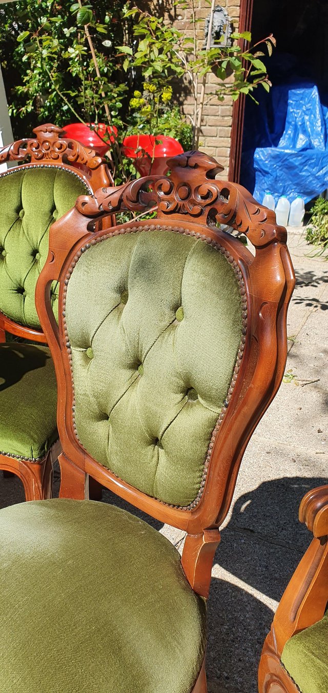 Image 7 of 6 Vintage Italian Carved & Green Velvet Dining Chairs