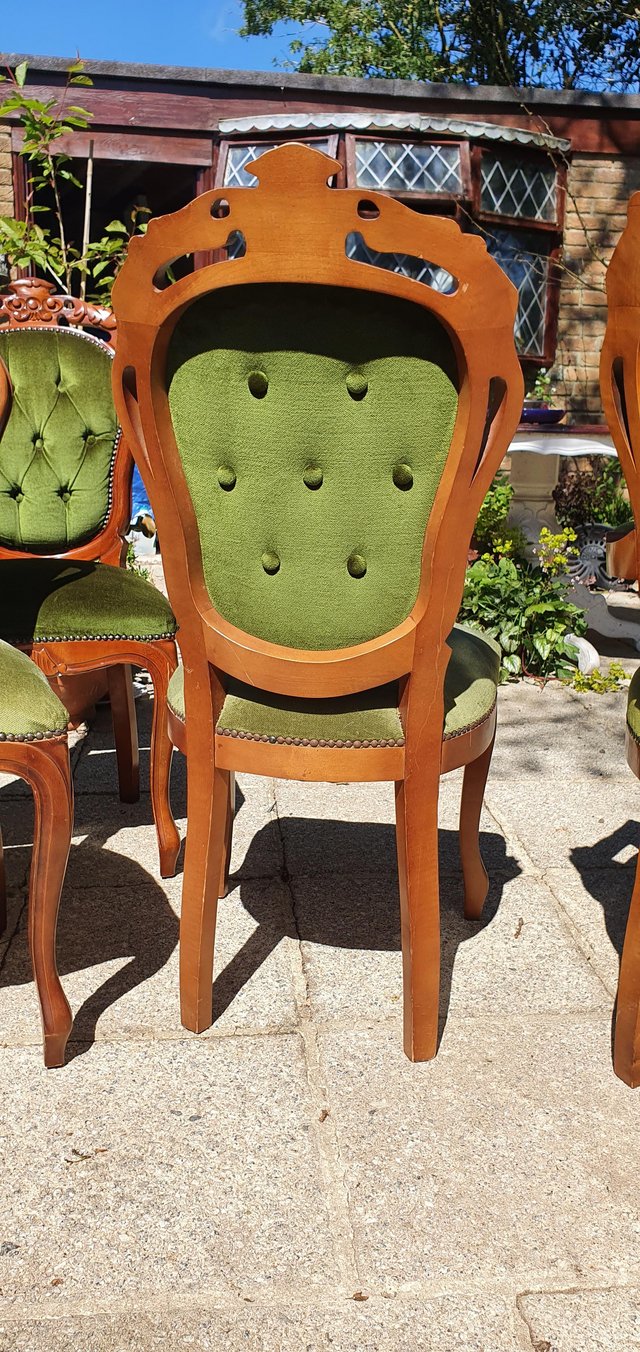Image 9 of 6 Vintage Italian Carved & Green Velvet Dining Chairs