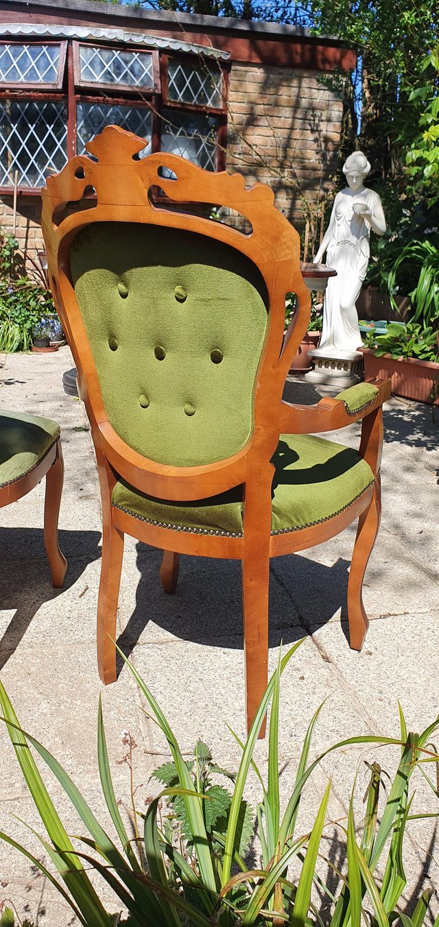Image 11 of 6 Vintage Italian Carved & Green Velvet Dining Chairs