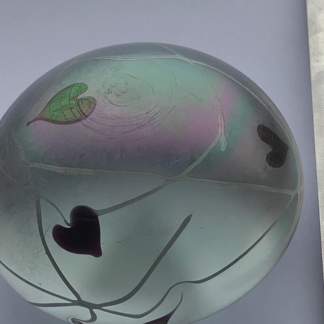 Preview of the first image of WMF iridescent glass paperweight hearts & vines.