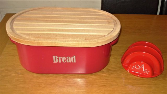 Image 2 of New Bread Bin with Bread Board, Wooden Egg Cups, Toast Rack