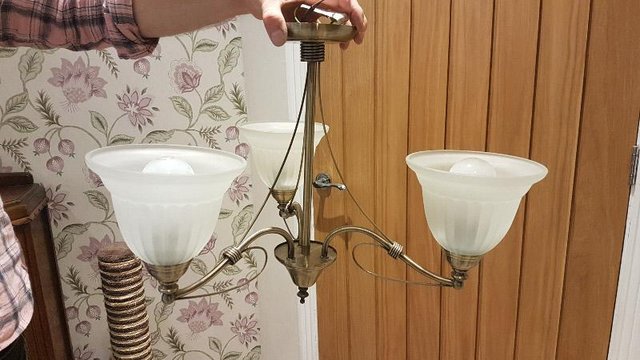 Image 2 of Brass effect lampshade with 3 glass bulb holders