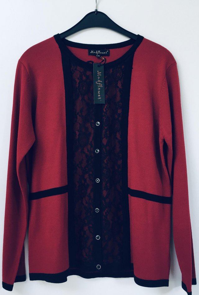 Preview of the first image of Mudflower Long Sleeved Red Cardigan- NEW.