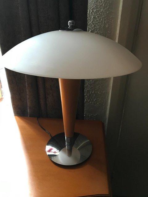 Image 2 of Pair of art deco style table lamps; white shade; chrom/wood
