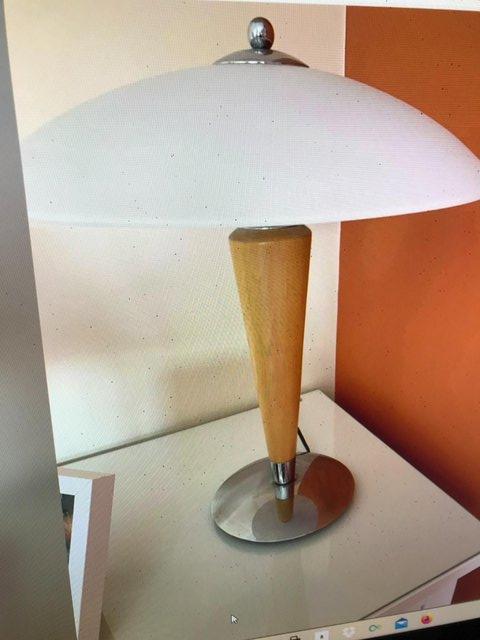 Image 3 of Pair of art deco style table lamps; white shade; chrom/wood