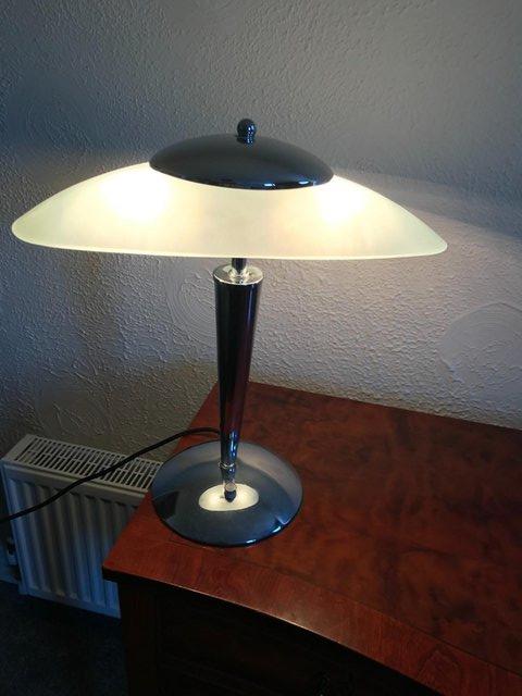 Image 2 of Art deco style atomic table lamp; green oval shade; chrome