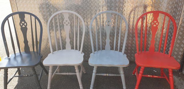 Preview of the first image of Farmhousestyle wheelback wooden dining chairs x 4.