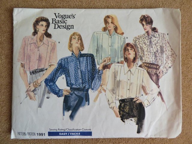 Preview of the first image of Vogue 1991 New Uncut 5 Version Blouse Pattern Sizes 6-8-10.