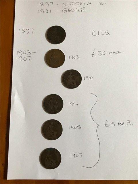 Preview of the first image of 1897 to 1907 one pence coins; fair/vintage/history & silver.