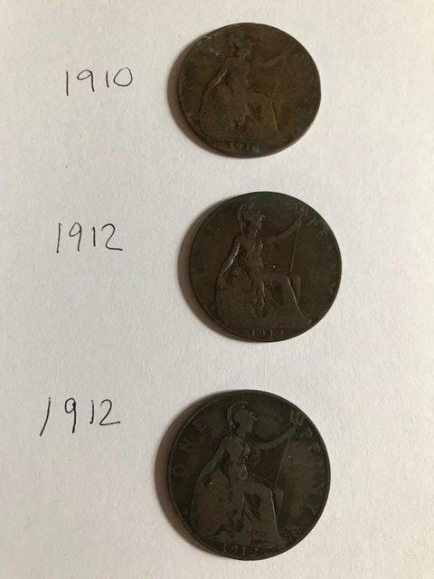 Preview of the first image of 3 x 1 penny coins Edward VII 1910; George V 1912 x 2; good.