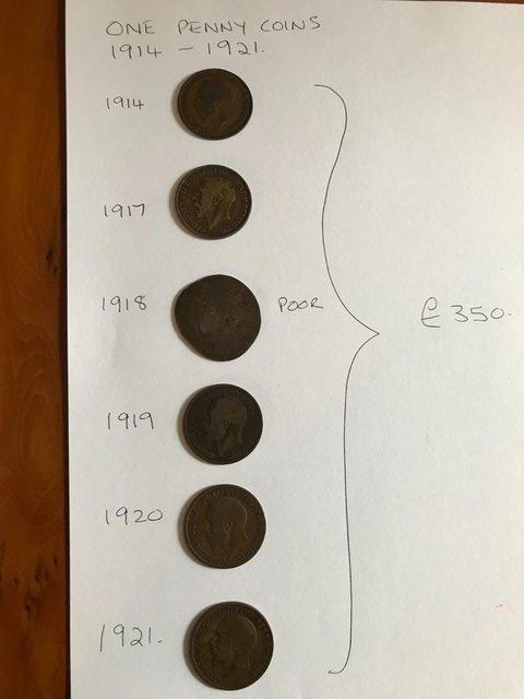 Preview of the first image of 6 x 1 penny coins 1914 to 1921; fair condition; war years.