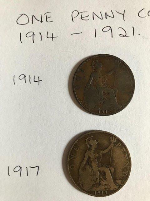 Image 2 of 6 x 1 penny coins 1914 to 1921; fair condition; war years