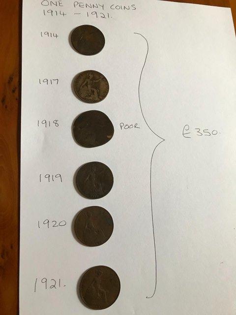 Image 3 of 6 x 1 penny coins 1914 to 1921; fair condition; war years