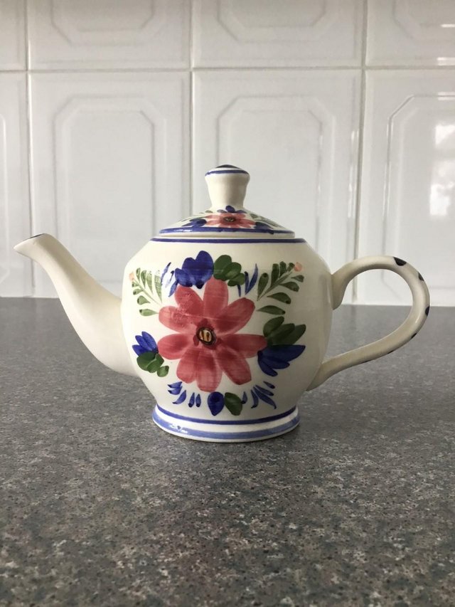 Preview of the first image of New White Teapot with hand painted flowers.
