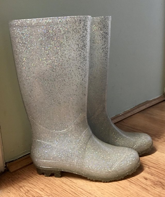 Preview of the first image of Silver Glitter Wellington Boots.