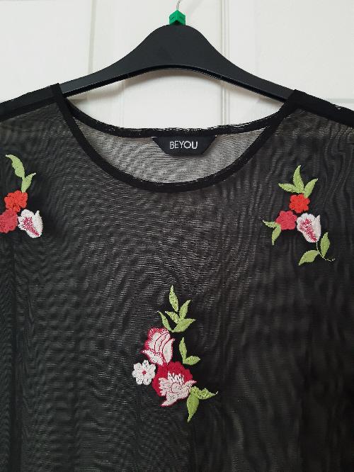 Image 2 of Pretty Black Flowered Mesh Top By Beyou - Size 16/18