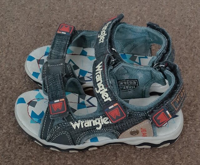 Preview of the first image of Kids Wrangler Denim Sandals - Size UK 10.5 (Eu 29).