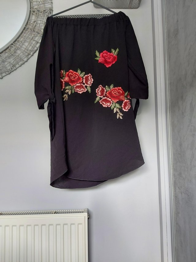 Image 2 of Quiz Black Embroidery Bardot Tunic Dress. Size 10.