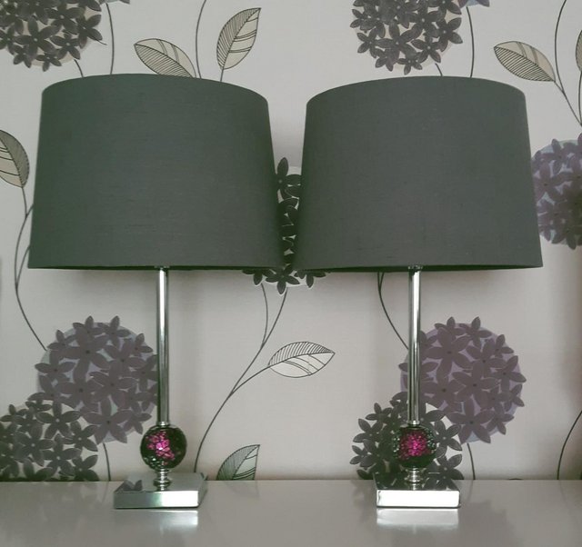 Preview of the first image of Pair Of Matching Chrome Bobble Lamps With Dark Grey Shades.