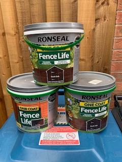 Preview of the first image of For Sale - 3 x 5 litre Ronseal Dark Oak One Coat Fence Life.