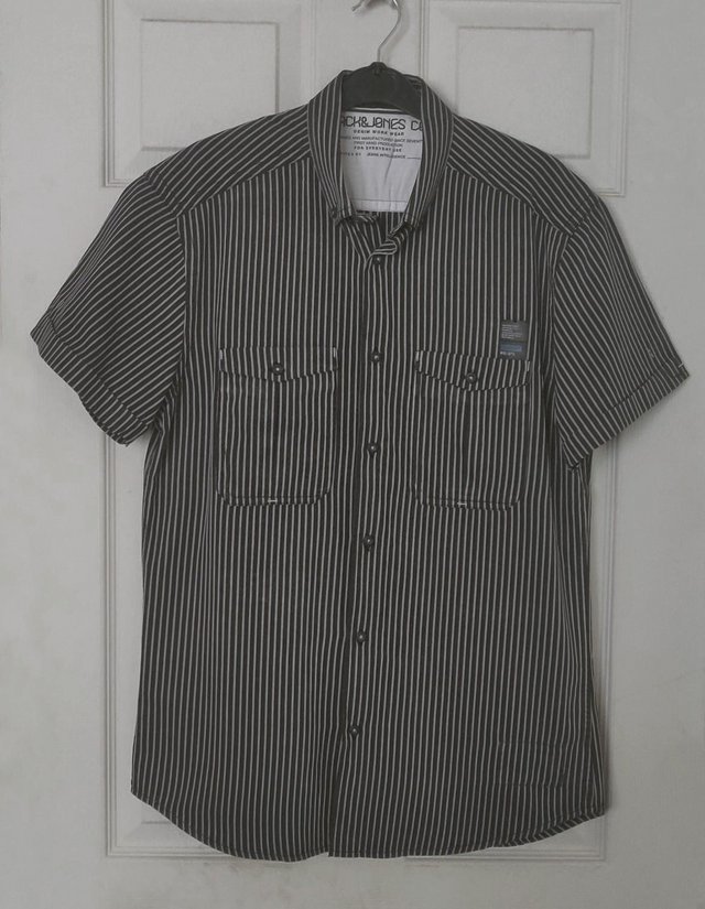 Preview of the first image of mens Jack & Jones Black/Grey Stripe Shirt - Size M.