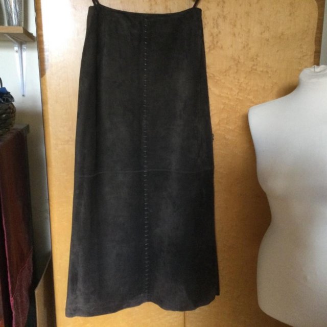 Preview of the first image of BETTY BARCLAY chocolate brown soft suede MAXI skirt sz10.
