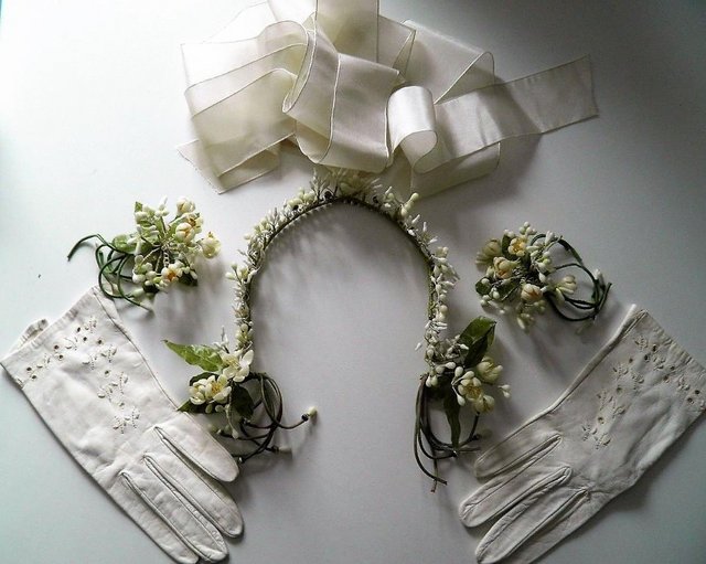 Image 3 of BRIDE EDWARDIAN ANTIQUE Wax Flower Headdress Corsage Gloves