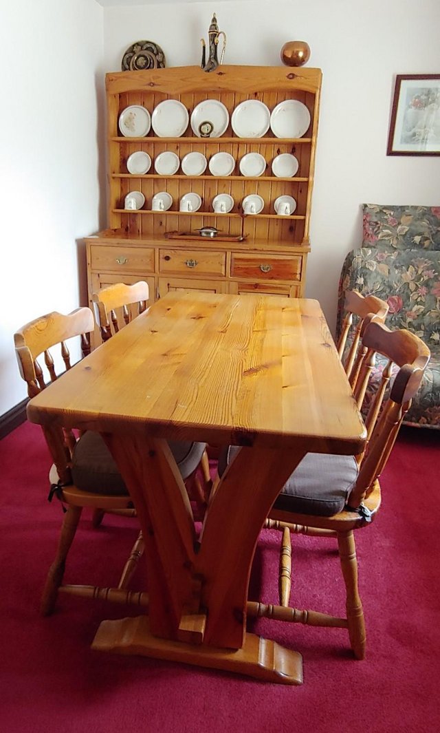 Preview of the first image of Pine Welsh Dresser, dining table and four chairs.