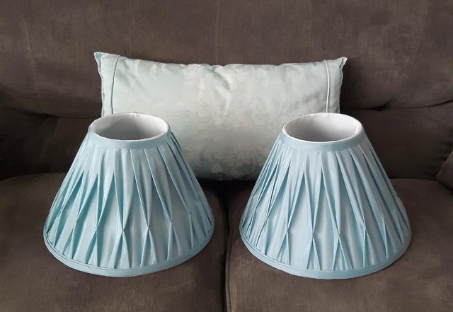 Preview of the first image of 2 x 12" Faux Silk Pinch Pleat Lampshades & Matching Cushion.