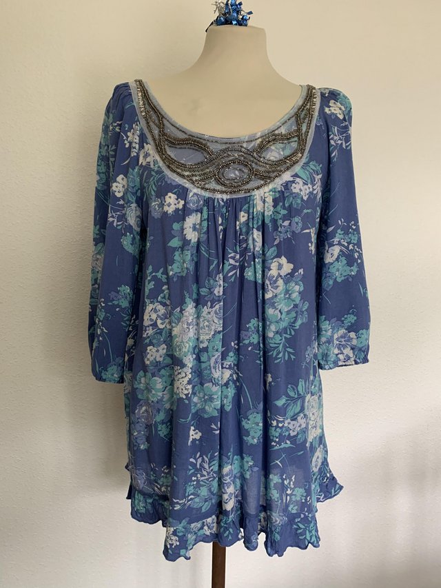 Preview of the first image of Blue floral beaded M&S Indigo size 12 tunic.