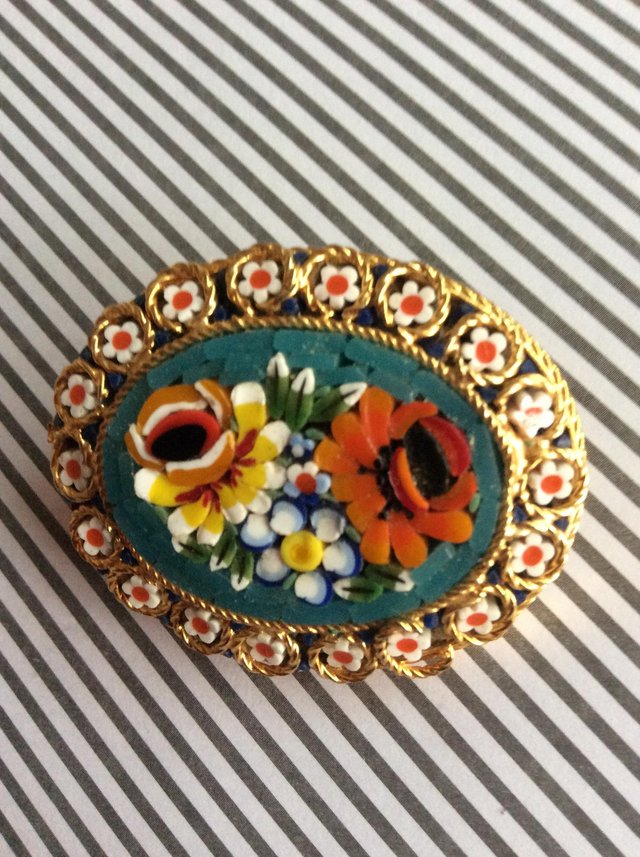 Preview of the first image of Vintage Micro Mosaic brooch with flowers.