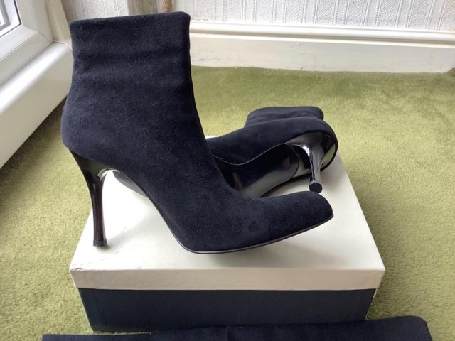 Preview of the first image of Bally Black Suede Stiletto Ankle Boots.