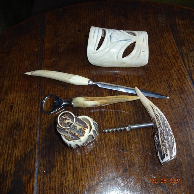 Preview of the first image of Vintage Horn Letter Opener, Corkscrew, Bottle opener and box.