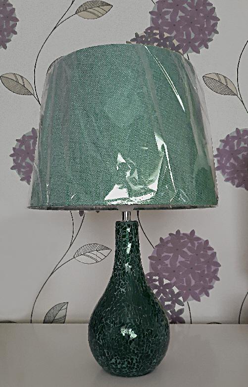 Preview of the first image of Gorgeous Green Mosaic Lamp With a Textured Linen Shade.