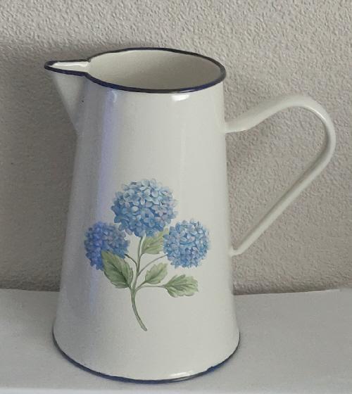Preview of the first image of Large Vintage Cream Enamel Jug With Blue Hydrangea Flowers.