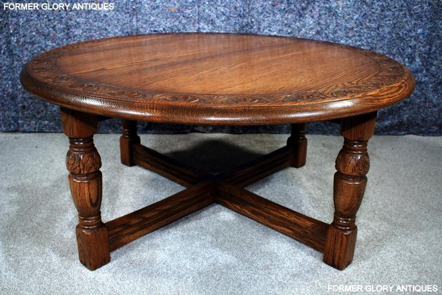 Image 6 of A LARGE ROUND JAYCEE AUTUMN GOLD CARVED OAK PUB COFFEE TABLE