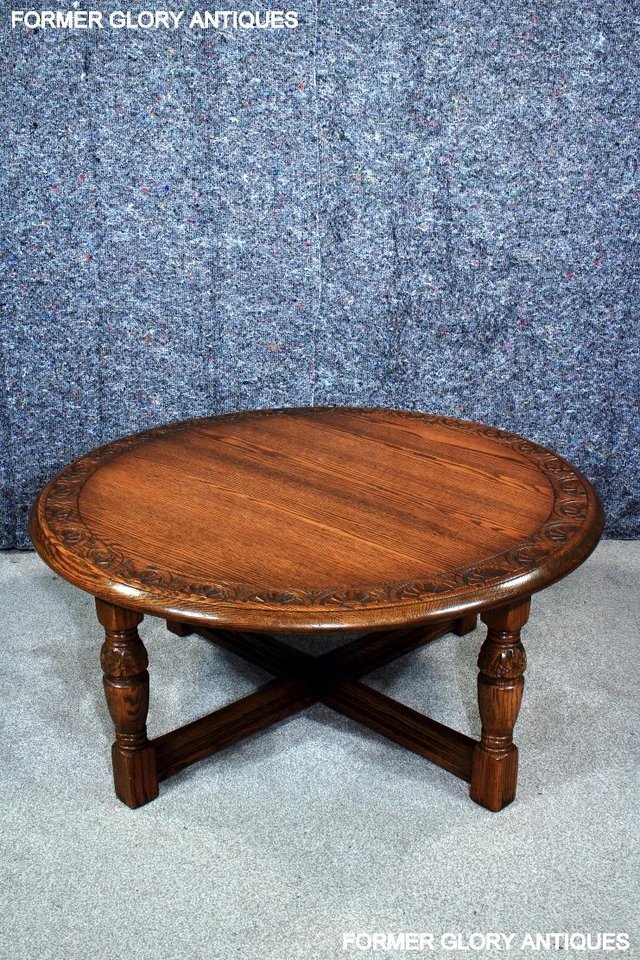 Image 8 of A LARGE ROUND JAYCEE AUTUMN GOLD CARVED OAK PUB COFFEE TABLE