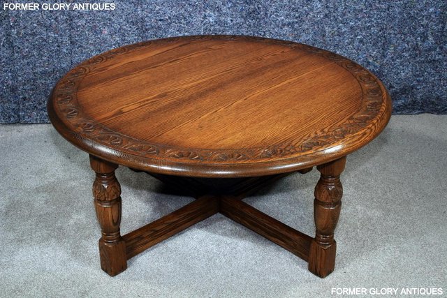 Image 9 of A LARGE ROUND JAYCEE AUTUMN GOLD CARVED OAK PUB COFFEE TABLE