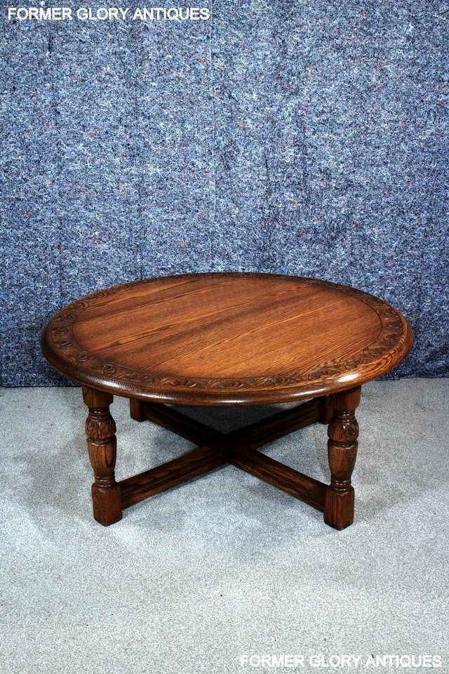 Image 19 of A LARGE ROUND JAYCEE AUTUMN GOLD CARVED OAK PUB COFFEE TABLE