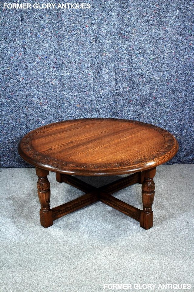 Image 24 of A LARGE ROUND JAYCEE AUTUMN GOLD CARVED OAK PUB COFFEE TABLE