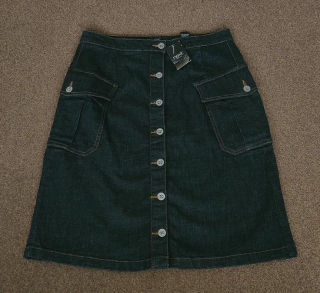 Preview of the first image of BNWT Next Dark Denim A - Line Utility Skirt - Size 12.