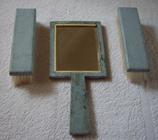 Preview of the first image of Vintage Vanity Set of Handheld Mirror and Two Brushes.