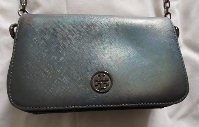 Preview of the first image of Tory Burch Blue Grey Leather Crossover Bag.