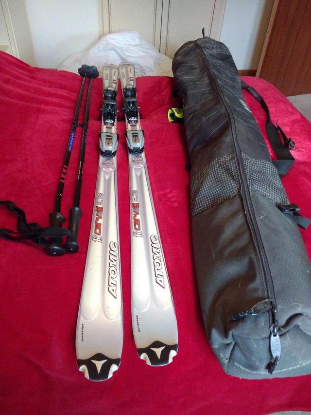 Preview of the first image of Atomic Carver 170 Skis, poles, velcro ski sling and ski bag.