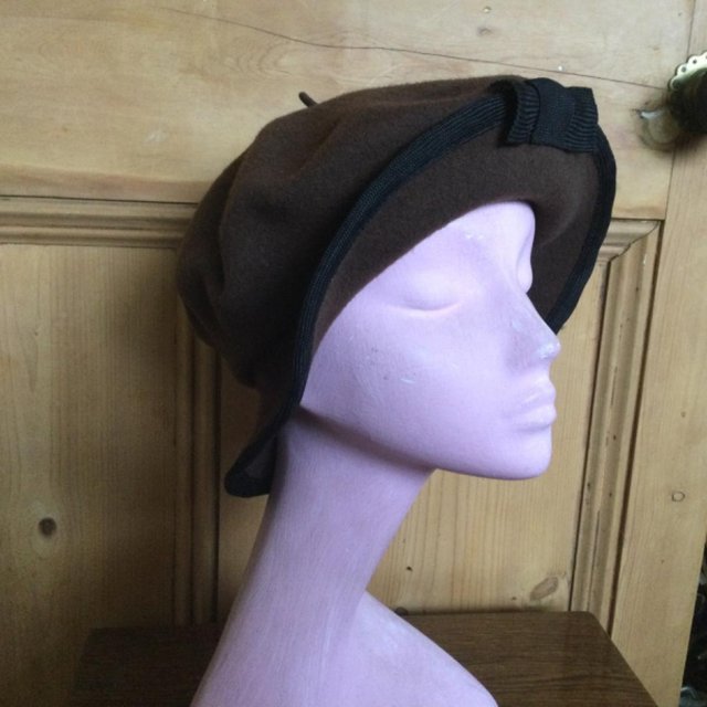 Preview of the first image of KANGOL Chocolate Brown Cloche Beret, Pure Wool, Black Bow..