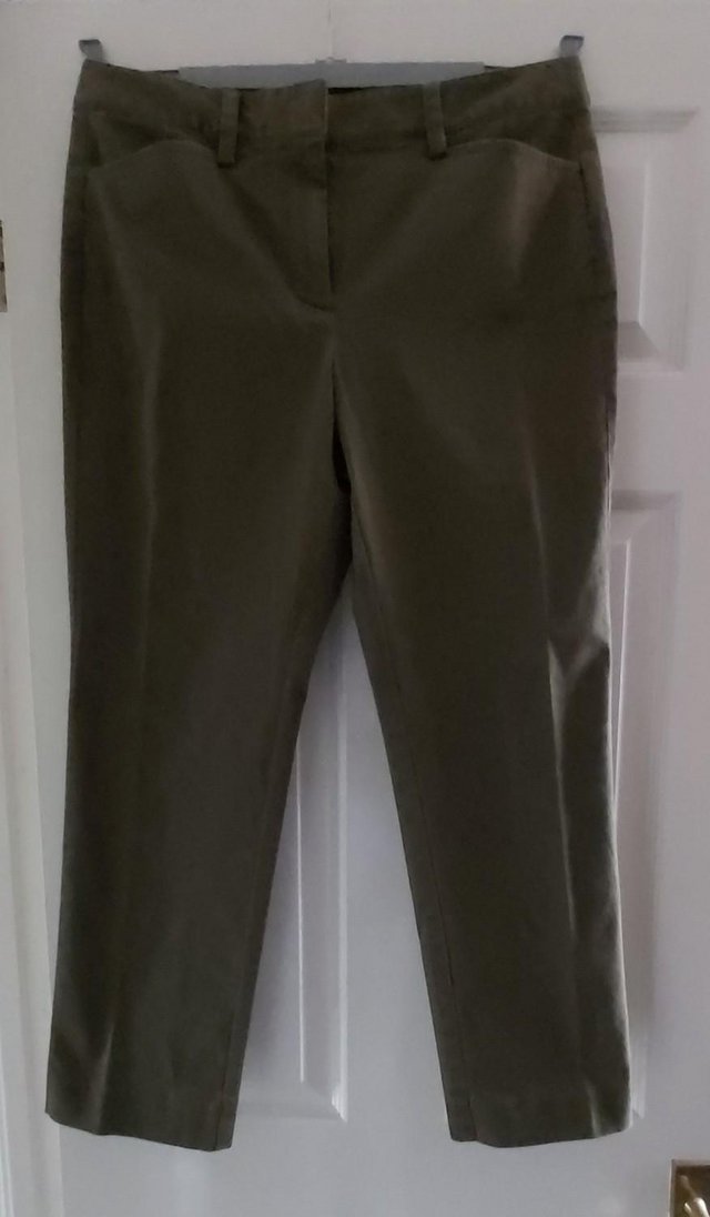 Preview of the first image of Olive Drab Mid-rise Slim Leg Chino Crop Trousers..