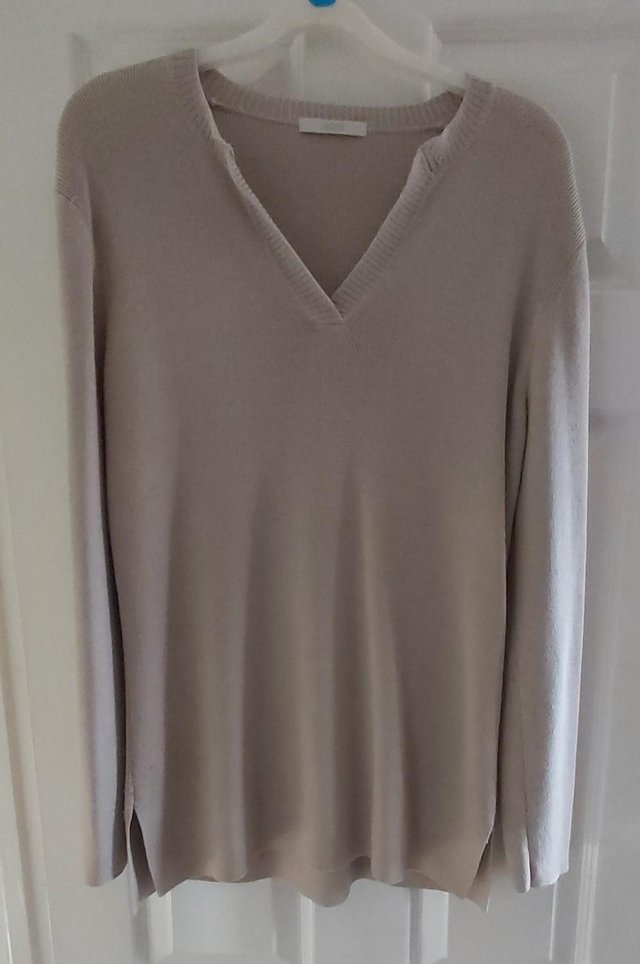 Preview of the first image of V-Neck Camel Wool Mix Tunic Sweater.